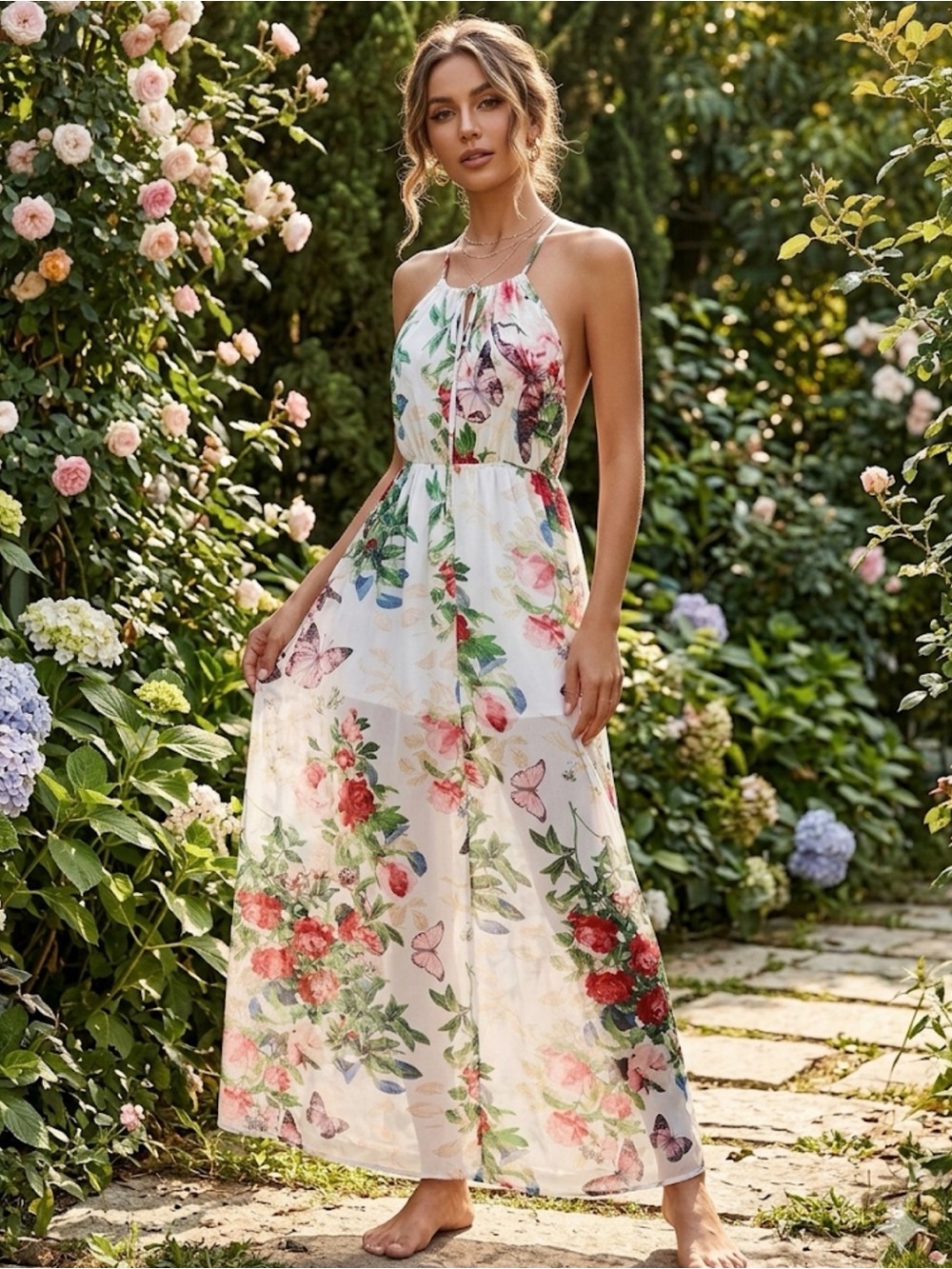 Fate White Floral Halter Maxi Dress with Pink & Green